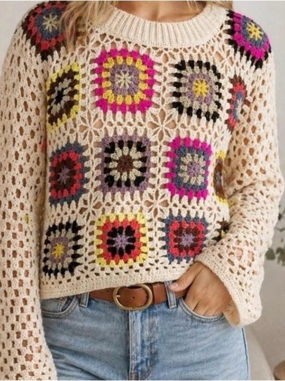 Crochet Sweater - Cream with Multicolor Squares
